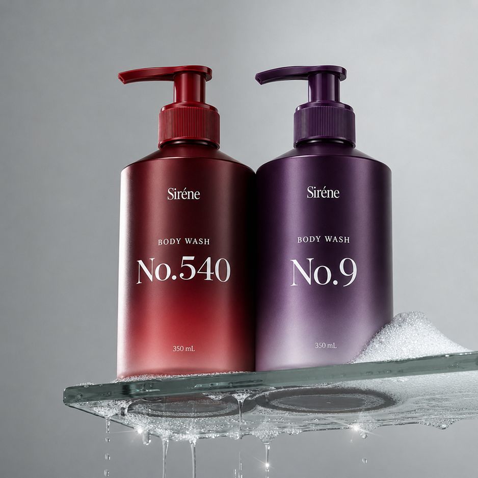 Siréne No.540 and No.9 body washes on a glass shower shelf